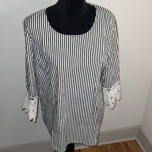 Notations dark gray white stripes crochet detail at sleeves round collar top L